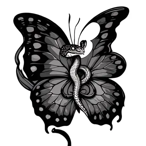 Butterfly With Snake In The Middle Of Its Body With Half Moon At Top
