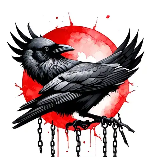 Crow With Red Watercolour Circle Behind The Head And Broken Chains