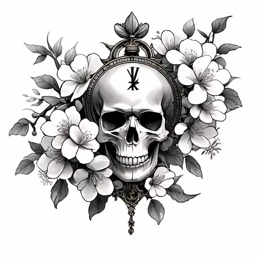 Death Skull With Cherry Blossoms And A Clock Face