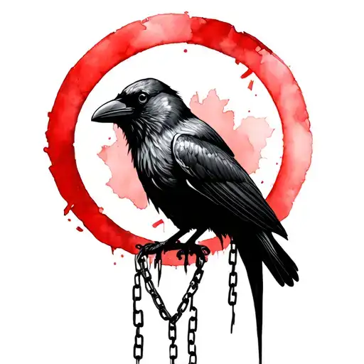 Crow With Red Watercolour Circle Behind The Head And Broken Chains