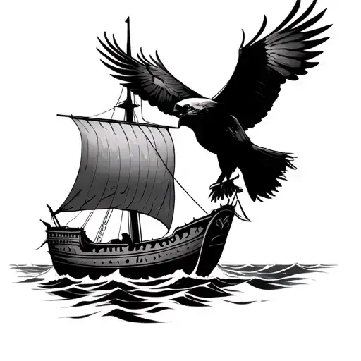 Viking Longship Sailing With Raven Flying