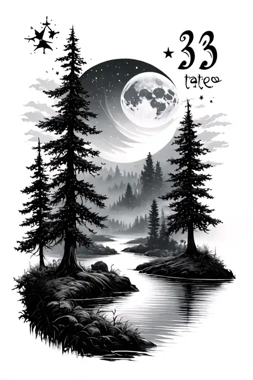 Forest Trees With A River Of Life With Moon And Stars With 333 In The Background