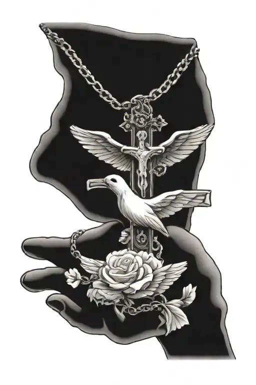 Two Hands Holding A Crucifix Necklace With Four Doves