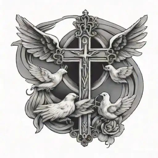 Hand Holding A Crucifix Necklace With Four Doves Flying