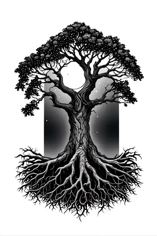 Willow Tree With The Night Sky And Moon And The Roots Of The Tree Extend Down