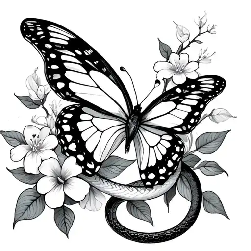 Butterfly With Snake Roll Up With Flower Sakura Flowers