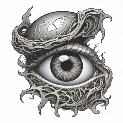 Engraving Tattoo Style Man Creepy Eyeball Hanging On Nerves