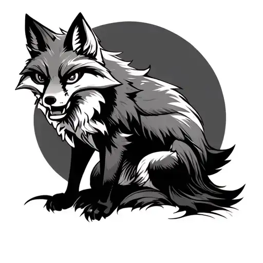 A Nine -Tower Fox Sits With A Furious Face