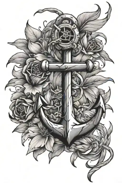 Anchor And Lilly Flowers Intertwined