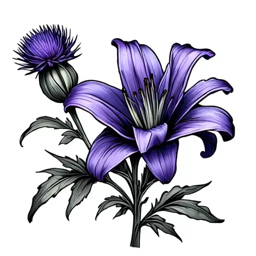 Blue Thistle And Purple Lily Flower