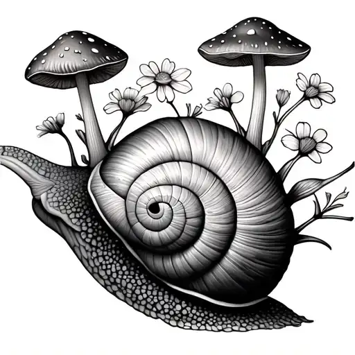 Snail With Flowers And Mushrooms Looking Up