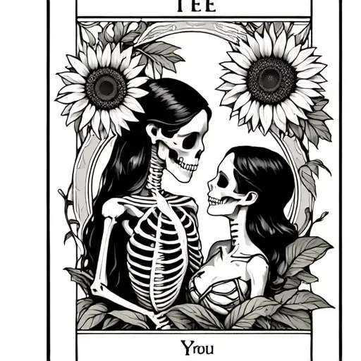 Lamoreaux Tarot Card With Skeleton Lovers And Sunflowers On Edge