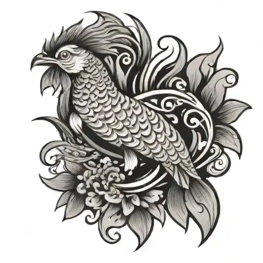 Tribal Koi Fish With A Rooster Head