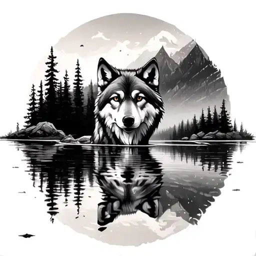 A Wolf Reflection In A Lake Surrounded By Nature Art
