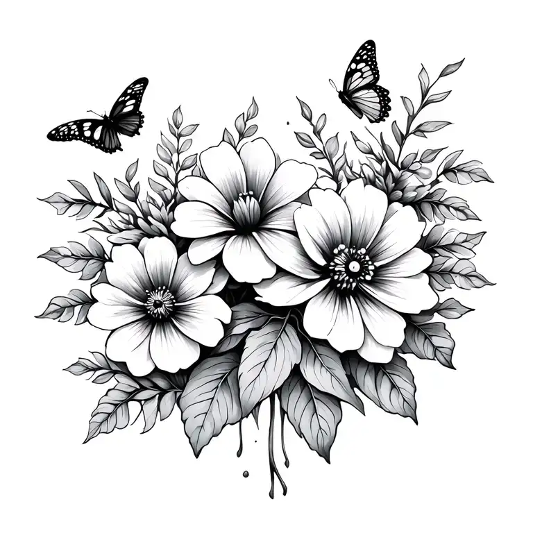 Flowers Blooming With Leaves And Butterfly Flying