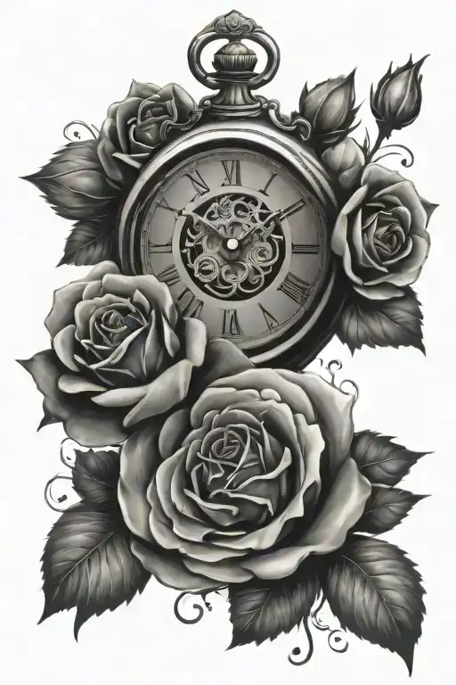 Clock And Roses Blooming