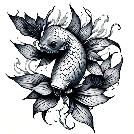 Koi Head And Body With A Tail Of Leaves And Smoky Lines In A Minimalist And Feminine Style