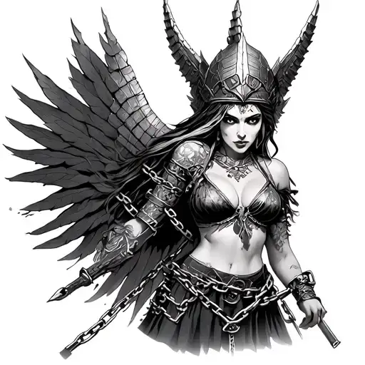 Valkyrie On Fenrire With Chains And Morgenery