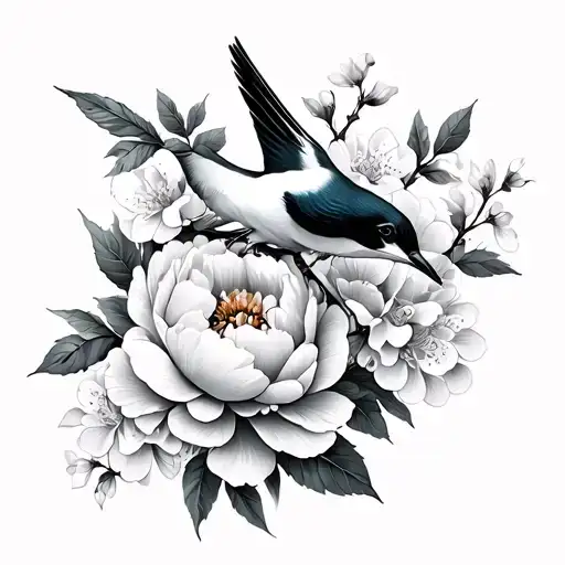 Swallow And Flowers Peonies With Jasmine Branches