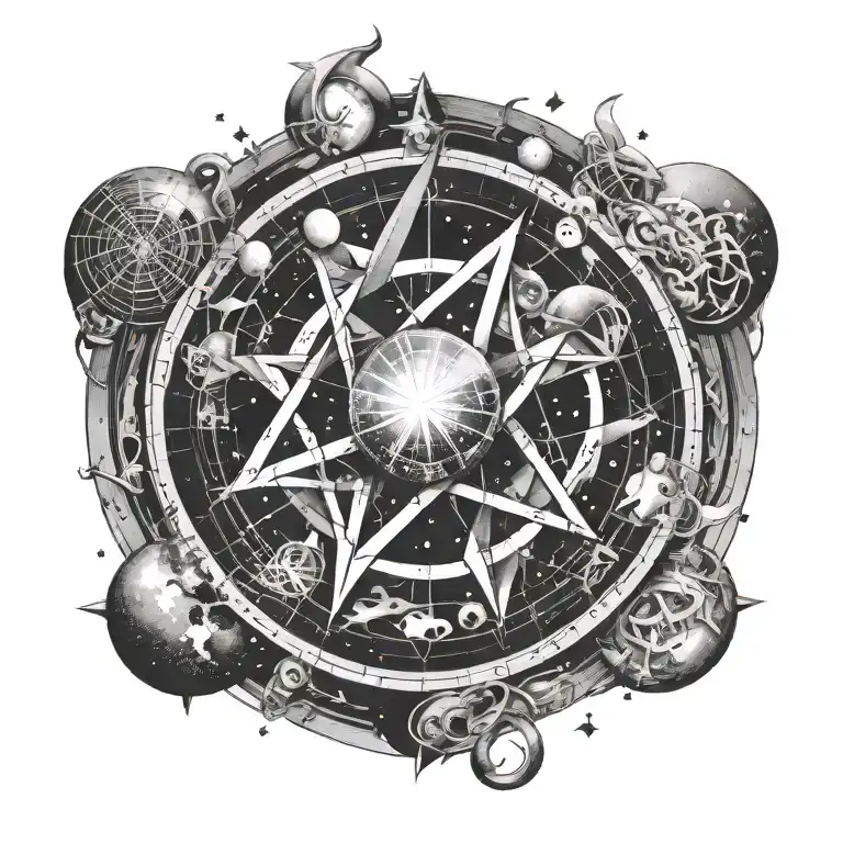 A Black-grey Tattoo Design Combining Elements Of Astronomy And Ancient Mathematics
