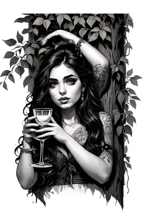 A Beautiful Girl With A Wine Cup In Hand Leaning To The Wall Or Tree