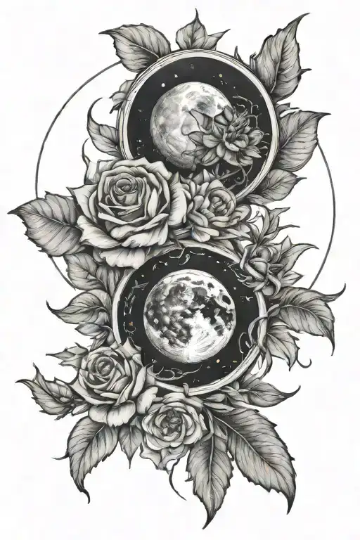 Moon Phases And Flowers Intertwined