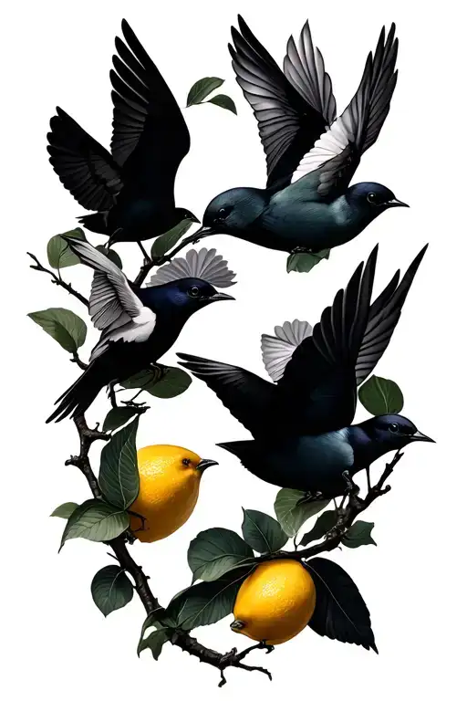 Lemons And Birds Flying Towards