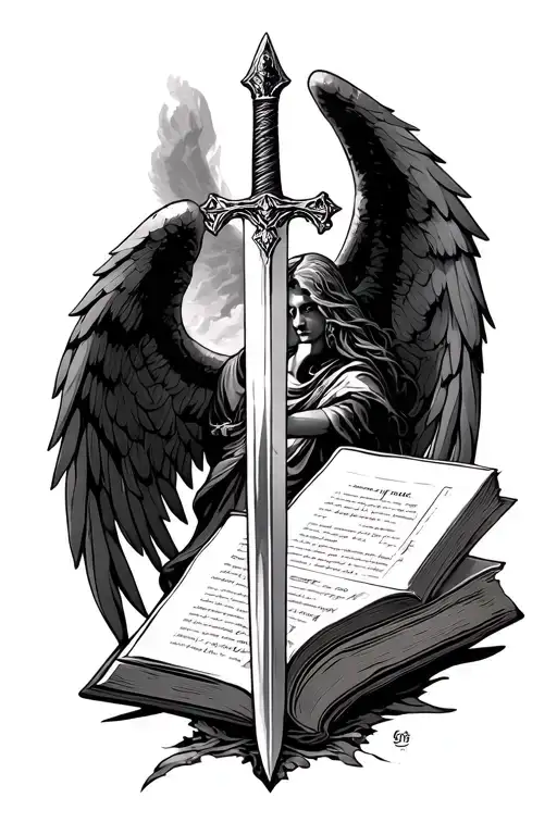 Archangel Gabriel Tattoo Sword And Book Open In Front