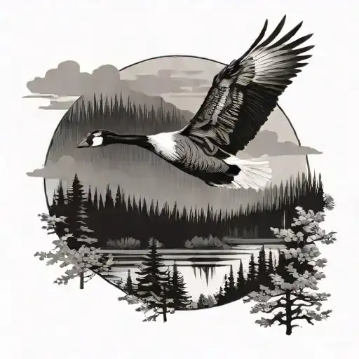 A Black And Grey Tattoo Of A Majestic Goose Flying Over A Forest Landscape