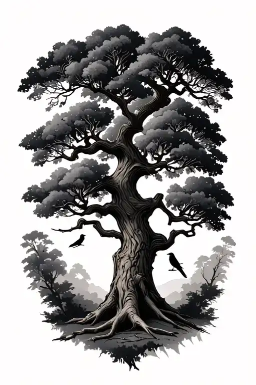 A Charter Oak Tree With 6 Branches And Birds Resting On Them