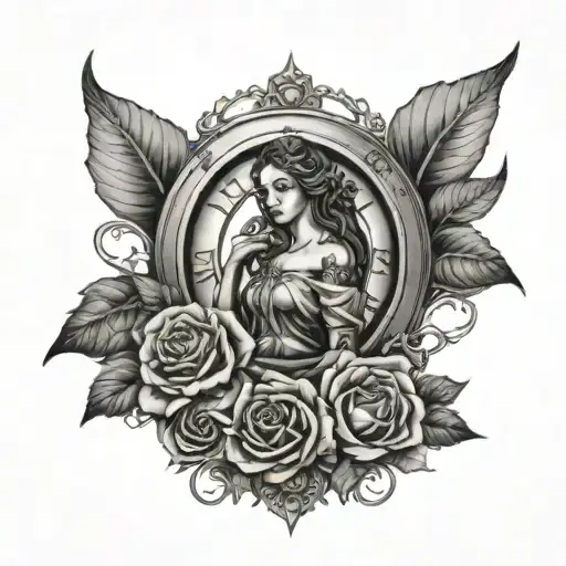 Goddess With Pocket Watch Rose And Compass Surrounded