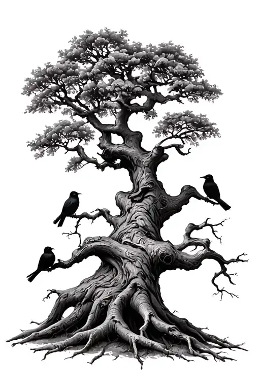 A Charter Oak Tree With 6 Branches And Birds Resting On Them