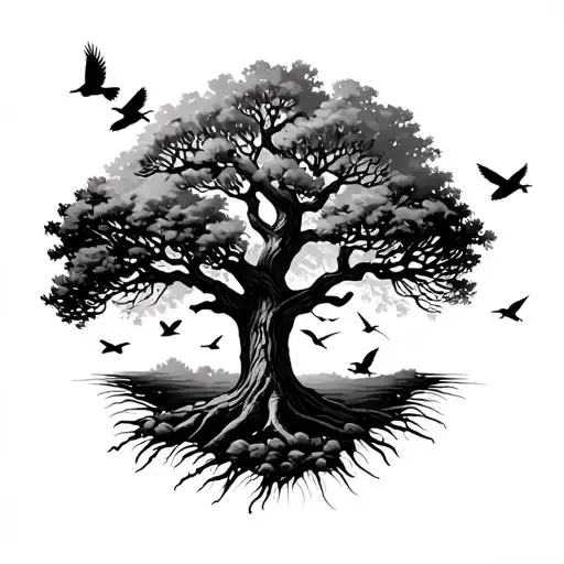 Charter Oak With Birds Flying Around It