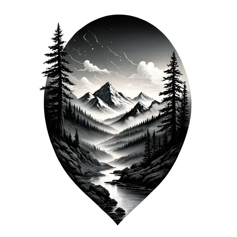 Mountain Tattoo Stream Fog Trees