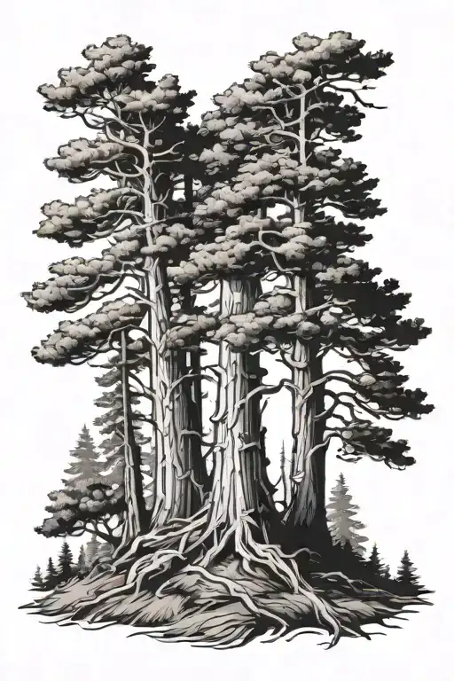 3 Tall Spruce Trees With Connected Roots