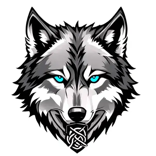 Wolf With Blue Eyes On Armor Tattoo Design Featuring Celtic Trinity Knot