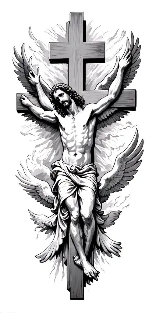Cross With Jesus Christ Surrounded By Angles Flying