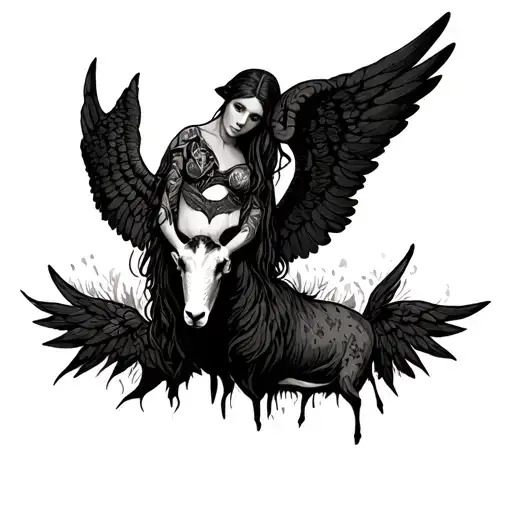 Woman With Wings With A Ram In Her Foreground