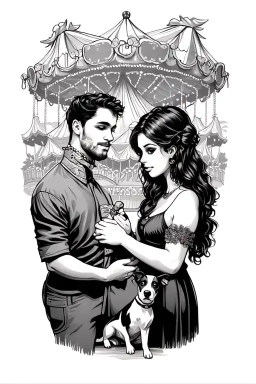 Man And Female Holding Hands And A Jack Russel In The Middle With A Carnival Fair In The Backround