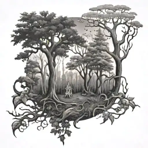 A Forest Scene With Hidden Bdsm Symbols Subtly Incorporated