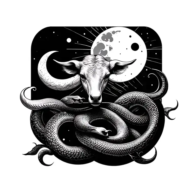 Fusion Of The Taurus Symbol With The Moon And The Sun And Snake