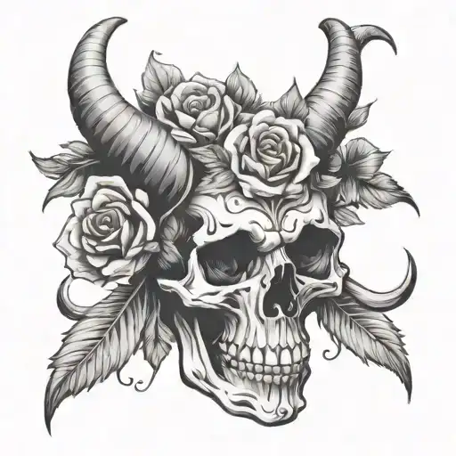 Skull With Ram Horns And Flowers