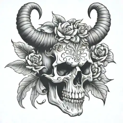 Skull With Ram Horns And Flowers