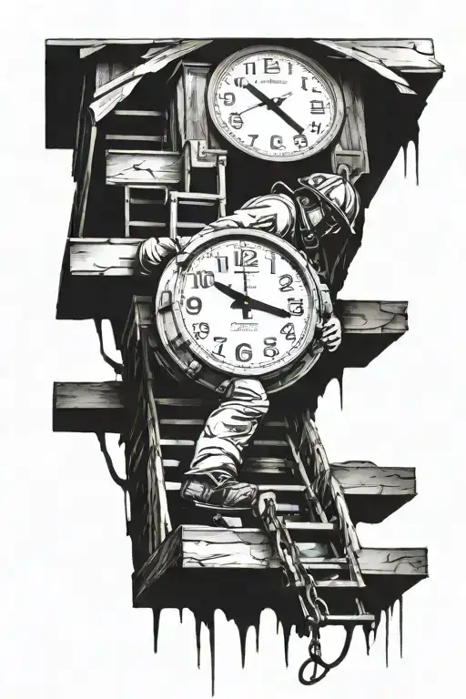 Firefighter Climbing Tattered Stairs To A Broken Clock