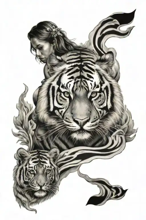 Tiger And Woman And Oil Spill