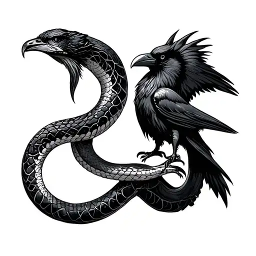 Snake And Raven Intertwined And Facing Each Other