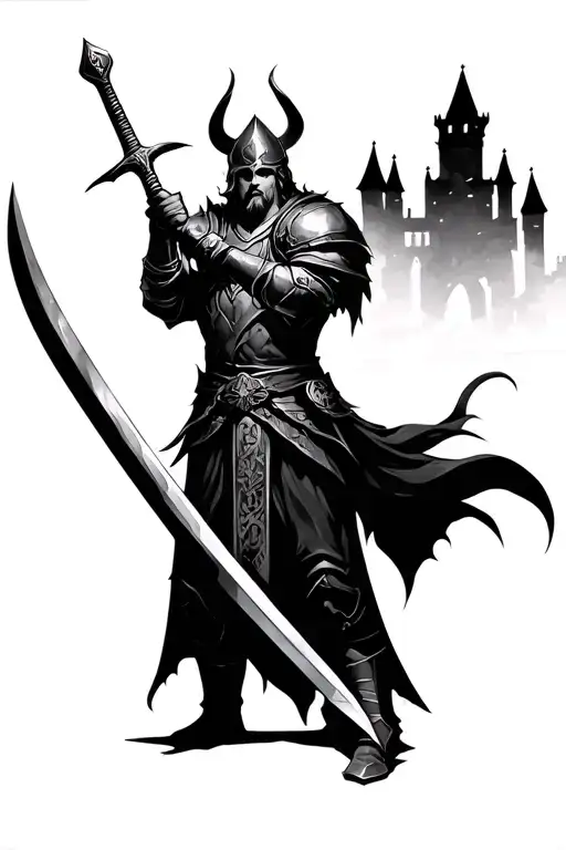 Warrior Holding A Sword With A Castle In The Background