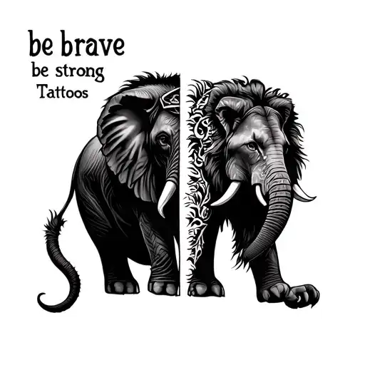 Half Elephant Half Lion Back Tattoos With The Words Be Brave Be Strong
