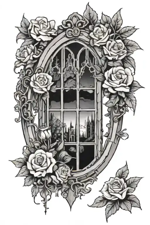 Gothic Window With Night Inside And Flowers Surrounding It