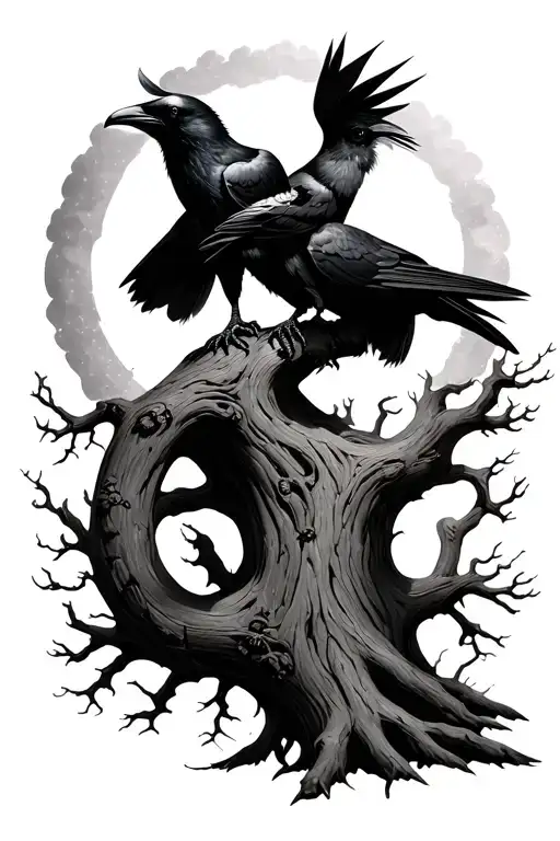 Huginn And Muninn Perched On Yggdrasil